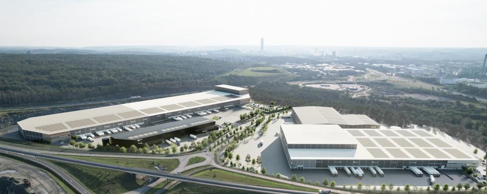 Visionsbild över den framväxande Halvorsäng logistikpark, strax norr om Göteborgs Hamn. Vink hyr in sig i den svarta byggnaden på bilden. Bild: Castellum/Göteborgs Hamn AB.