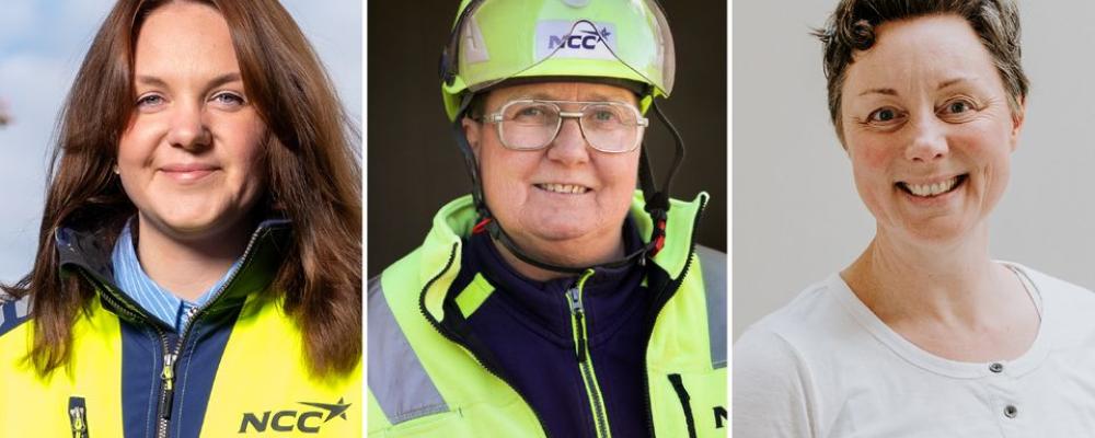 Finalisterna i Årets byggkvinna 2025. Från v. Ida Söderholm, planeringsspecialist, NCC, Luleå – Marie-Louise Halvarsson, träarbetare, NCC, Karlskoga – Tuva Marminne, målare, Anders R Nilsson Måleri AB, Falkenberg. Pressbild: Byggföretagen