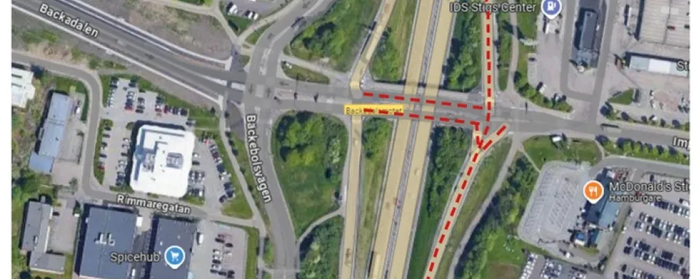 Här stängs Backadalsmotet av för biltrafik Bild: Trafikverket