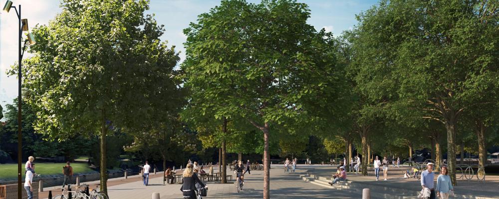 Basargatan. Vy från Basargatan västerut mot föreslagna torget-platsen mellan Vallgraven och Kungstorget. Visionsbild ÅWL Arkitekteroch Göteborgs Stad