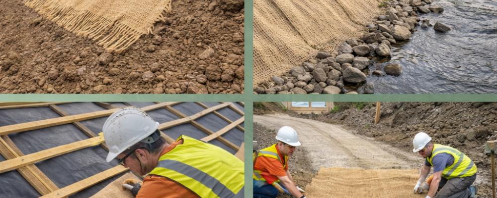 Dessa material kan användas exempelvis för tillfällig stabilisering av slänter, flodbankar, vid takläggning och isolering och tillfälliga vägar på byggarbetsplatser. Illustration, ej fotografi – AI-genererat innehåll, copyright, Conventus.