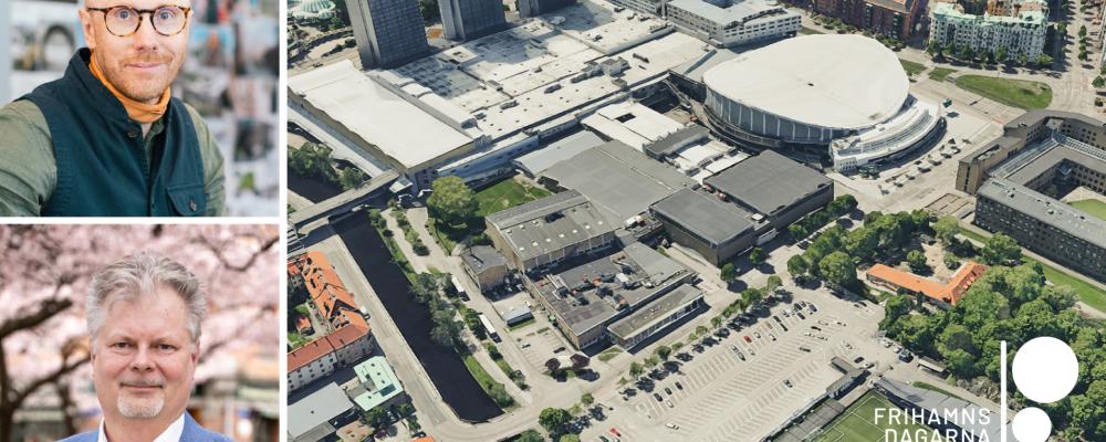 Pontus Orrbacke, arkitekt Krook & Tjäder. Axel Josefson, gruppledare Moderaterna. Debatt om Arenakvarteret på Frihamnsdagarna. Foto: Krook & Tjäder