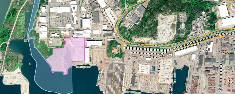 Rosa samt blå markering visar de områden som förvärvas av Göteborgs Hamn. Foto: Göteborgs Hamn