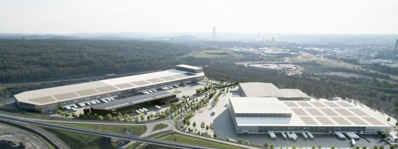 Visionsbild över den framväxande Halvorsäng logistikpark, strax norr om Göteborgs Hamn. Vink hyr in sig i den svarta byggnaden på bilden. Bild: Castellum/Göteborgs Hamn AB.