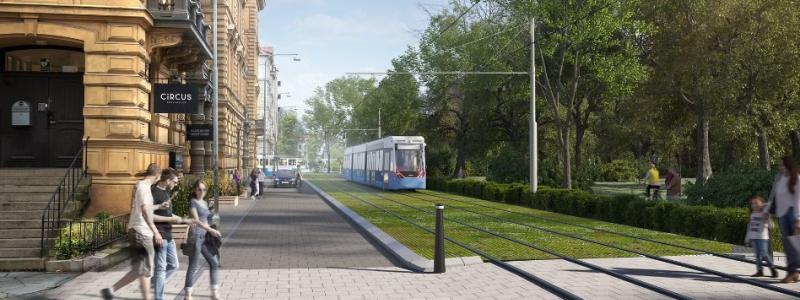 Spårväg i Alléstråket är ett av ärendena på stadsbyggnadsnämnden i oktober. Visualisering: Krook och Tjäder.