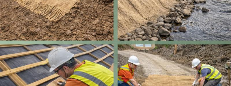 Dessa material kan användas exempelvis för tillfällig stabilisering av slänter, flodbankar, vid takläggning och isolering och tillfälliga vägar på byggarbetsplatser. Illustration, ej fotografi – AI-genererat innehåll, copyright, Conventus.