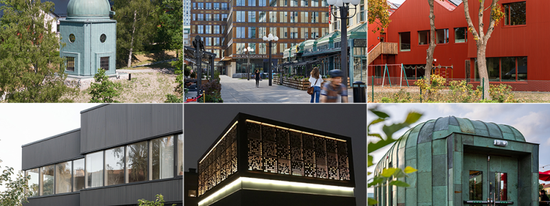 Fr.v övre raden: Observatoriet Näs gård/LINK Arkitektur, Kv Nattugglan/Equator, Mörrums skola/FOJAB. Fr.v nedre raden: House Rio/Krupinski / Krupinska, Wisdome/New Line Arkitekter, Kaparen/OKIDOKI.