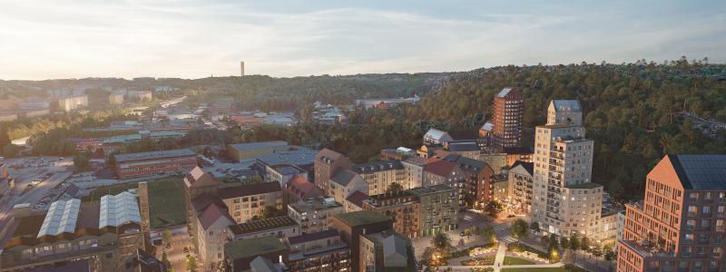 Södra Ängården Översiktvy. Bilden är en visualisering framtagen av Okidoki Arkitekter