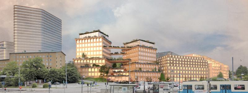 Tidig visionsskiss på möjlig utveckling: vy från Guldhedsgatan Av: White Arkitekter