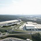 Visionsbild över den framväxande Halvorsäng logistikpark, strax norr om Göteborgs Hamn. Vink hyr in sig i den svarta byggnaden på bilden. Bild: Castellum/Göteborgs Hamn AB.