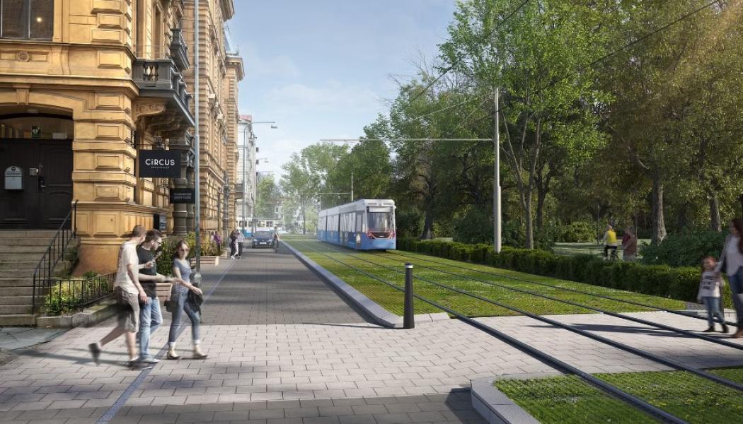 Spårväg i Alléstråket är ett av ärendena på stadsbyggnadsnämnden i oktober. Visualisering: Krook och Tjäder.
