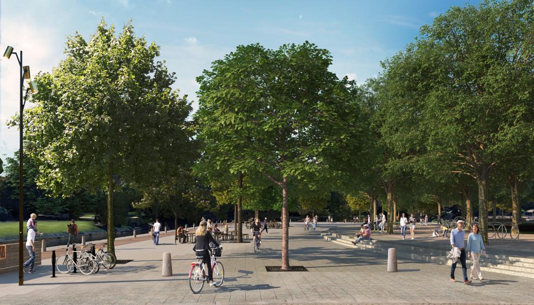 Basargatan. Vy från Basargatan västerut mot föreslagna torget-platsen mellan Vallgraven och Kungstorget. Visionsbild ÅWL Arkitekteroch Göteborgs Stad