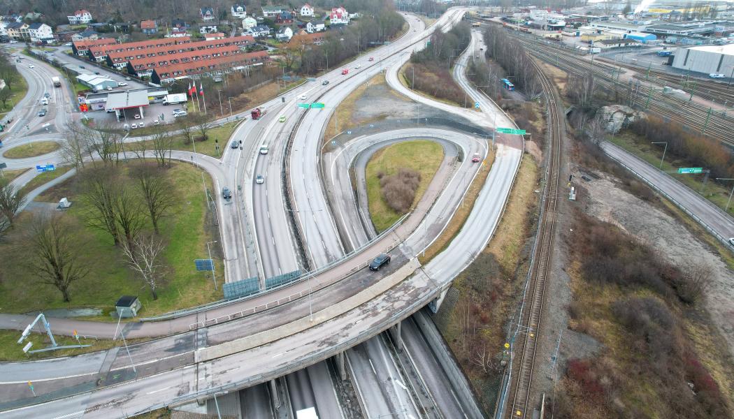 Avfarten från Lundbyleden västerifrån i Brunnsbomotet. Bild: Trafik Göteborg