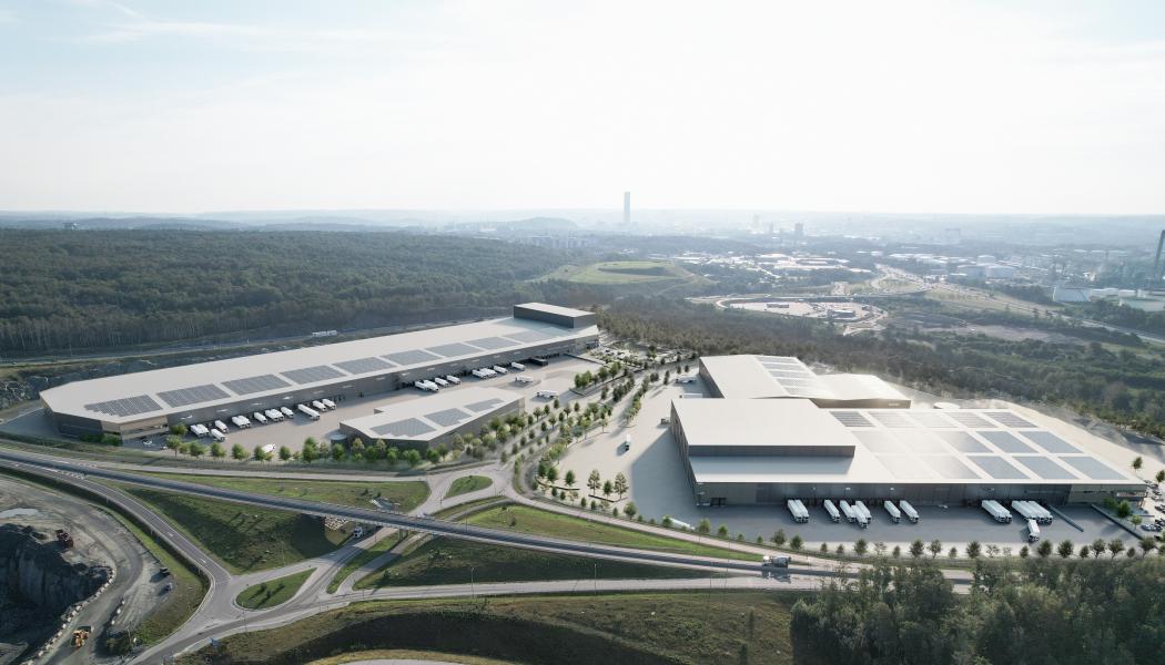 Visionsbild över Halvorsäng logistikpark som är under uppbyggnad ett stenkast från Göteborgs Hamn. Den första hyresgästen flyttar in under 2026. Bild: Castellum/Göteborgs Hamn AB