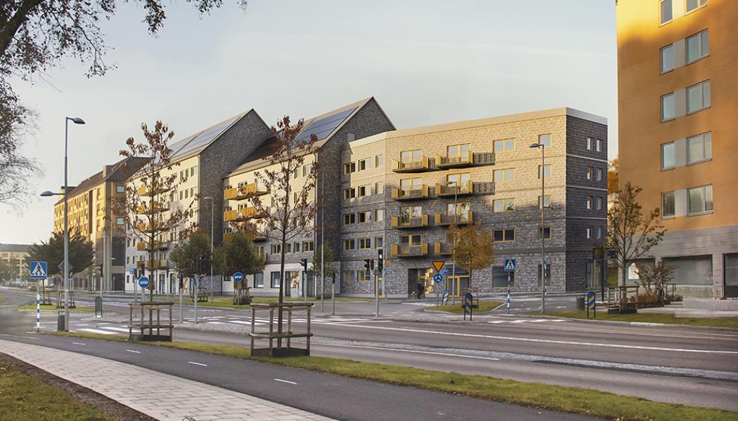 terbrukat skiffer bidrar till halverad klimatpåverkan i kvarter Omställningen. Illustration: Liljewall