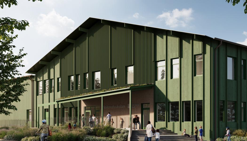 Nya Noleredsskolans huvudentré.  Pressbild: Hedin Construction