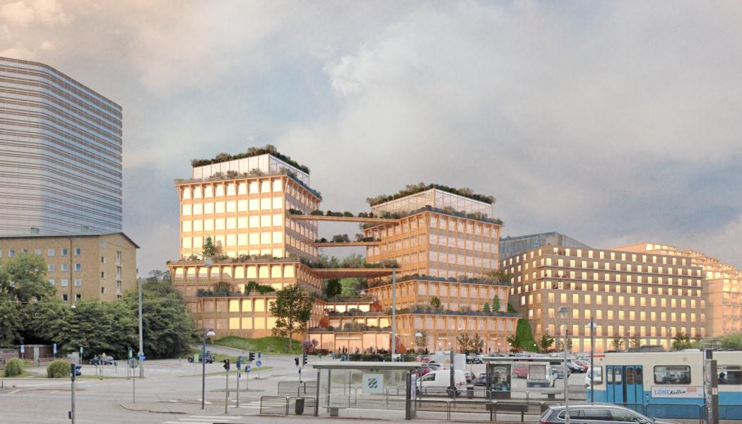 Tidig visionsskiss på möjlig utveckling: vy från Guldhedsgatan Av: White Arkitekter