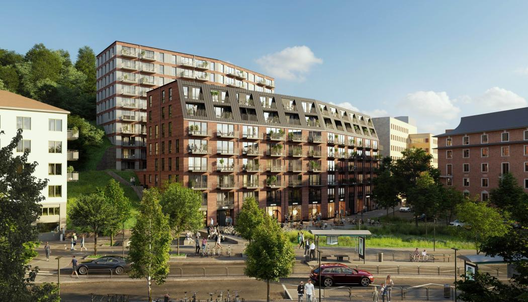 Wallenstam har tagit ett första spadtag vid Carlandersplatsen i Göteborg tillsammans med Andreas Carlson, infrastruktur- och bostadsminister. Spadtaget markerar byggstarten för Wallenstams nybyggnation av 190 hyreslägenheter med en direkt närhet till stadens puls och grönområden. Pressbild: Wallenstam