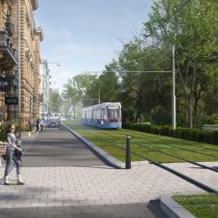 Spårväg i Alléstråket är ett av ärendena på stadsbyggnadsnämnden i oktober. Visualisering: Krook och Tjäder.