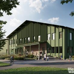 Nya Noleredsskolans huvudentré.  Pressbild: Hedin Construction