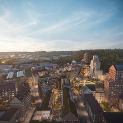 Södra Ängården Översiktvy. Bilden är en visualisering framtagen av Okidoki Arkitekter