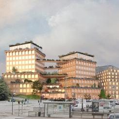 Tidig visionsskiss på möjlig utveckling: vy från Guldhedsgatan Av: White Arkitekter