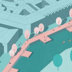 Visionsskiss för utveckling av ett sammanhängande stråk längst norra sidan av vallgraven. Skiss: LINK Arkitektur