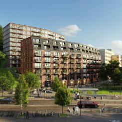 Wallenstam har tagit ett första spadtag vid Carlandersplatsen i Göteborg tillsammans med Andreas Carlson, infrastruktur- och bostadsminister. Spadtaget markerar byggstarten för Wallenstams nybyggnation av 190 hyreslägenheter med en direkt närhet till stadens puls och grönområden. Pressbild: Wallenstam